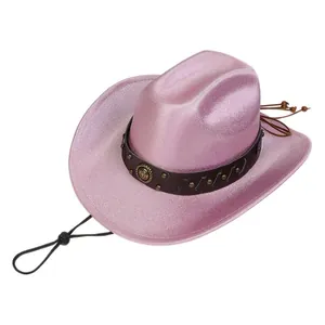 Cappello da cowboy rosa glitterato con fascia in pelle borchiata e cinturino regolabile
