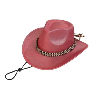 Top view of a red cowboy hat with glitter texture, woven band, and adjustable wind cord