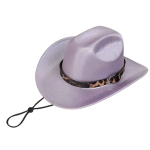 Detailed view of lavender glitter cowboy hat with leopard print band and chin strap