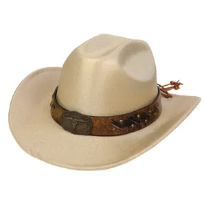 Detail of laser pearlescent western cowboy hat featuring leather band and bull metal buckle
