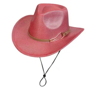 Detail of red pearlescent cowboy hat featuring a leather band and gold metal buckle