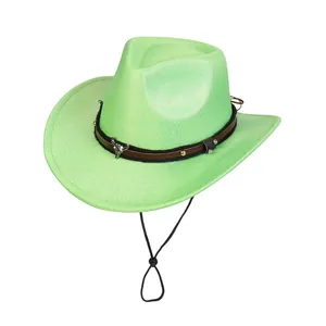 Green western cowboy hat featuring a brown leather band with bull head metal ornament