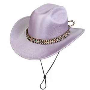 Macro detail of purple glitter cowboy hat with ethnic braided band and wind lanyard