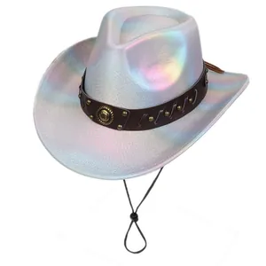 Detail of iridescent western cowboy hat with studded leather band and metal buckle