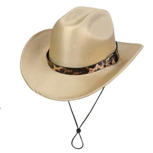 Detail of champagne gold felt fedora with leopard print band and metal buckle accent