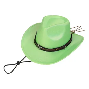Detail of neon green cowboy hat featuring a silver bull skull ornament and studded band