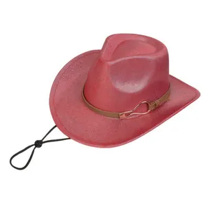 Detail of red cowboy hat with pearlescent texture, leather band and metal buckle