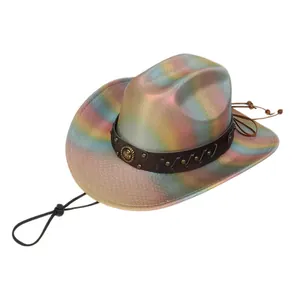 Detail view of iridescent cowboy hat with metallic studs on leather band and chin strap