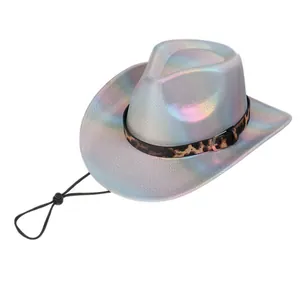 Macro shot of holographic cowboy hat with leopard trim and adjustable drawstring