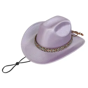 Detail of purple glitter cowboy hat featuring woven band and adjustable chin strap