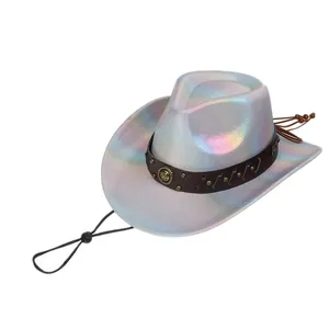 Detail of holographic western cowboy hat with studded leather band and chin strap