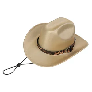 Detail of golden felt hat showing leopard print band, metallic buckle, and wind strap