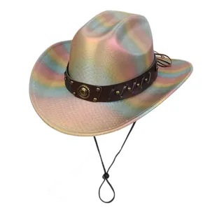 Close-up of rainbow metallic cowboy hat with leather studded band and adjustable cord