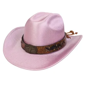 Pink glitter cowboy hat featuring a vintage leather band with a metal bull head buckle