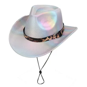 Detailed view of holographic silver cowboy hat with leopard print band and chin strap