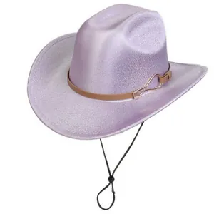 Detail of lavender glitter jazz hat with brown leather band and adjustable wind rope