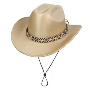 Close-up of champagne gold cowboy hat with woven pattern band and adjustable strap