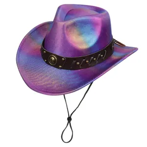 Detail of western cowboy hat with iridescent metallic gradient and leather headband