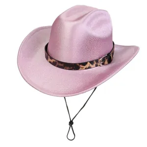 Pink glitter western cowboy hat with leopard print band and adjustable chin strap detail