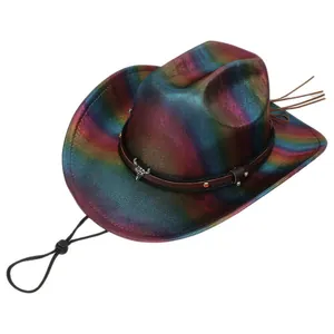 Close-up of metallic rainbow cowboy hat with bull skull trim and adjustable chin strap