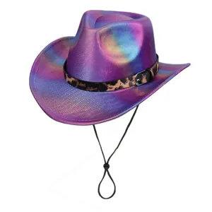 Close-up of holographic purple cowboy hat featuring leopard print band and chin strap