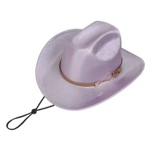Detail of lavender glitter fedora hat with brown leather band and adjustable drawstring