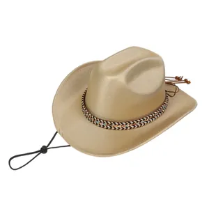 Detail of golden metallic cowboy hat with braided trim and adjustable windproof chin strap