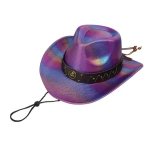 Detail of holographic western cowboy hat with iridescent purple finish and studded band