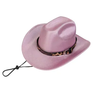 Close-up of pink glitter jazz hat with leopard print band and adjustable chin strap