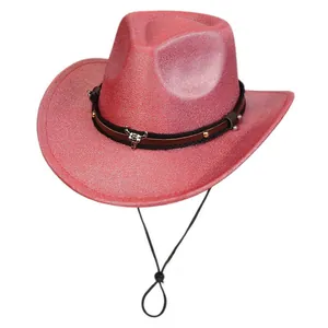 Detail of pink sequin cowboy hat with silver bull head charm and studded leather band