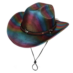 Close-up of holographic party cowboy hat with metallic cow skull leather band