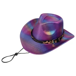 Iridescent purple metallic cowboy hat featuring a leopard print band and windproof chin cord