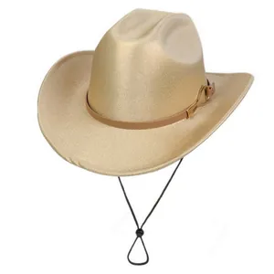 Pearlescent laser jazz hat with wide brim, brown leather band and windproof strap