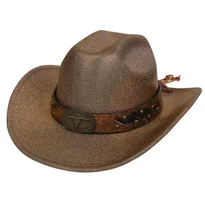 Close-up of bronze western cowboy hat with metallic texture and bull skull buckle