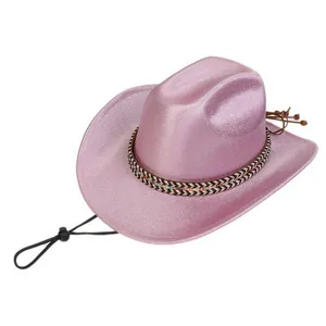 Macro shot of pink glitter cowboy hat featuring ethnic woven band and adjustable drawstring