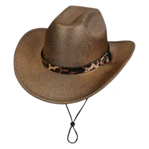 Detail of bronze wide brim jazz hat with leopard print band and metallic glitter finish