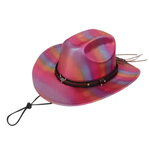 Detail of metallic gradient cowboy hat with silver cow head stud and adjustable chin strap