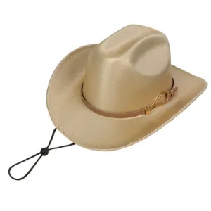 Detail of golden cowboy hat featuring metallic finish and black adjustable chin strap