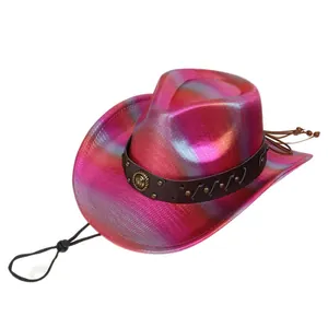 Detail of gradient metallic cowboy hat with studded leather band and adjustable drawstring