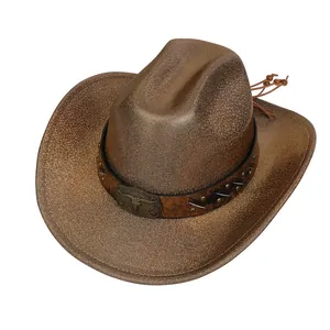 Detail of western cowboy hat with metallic bronze finish, bull head emblem and rivets