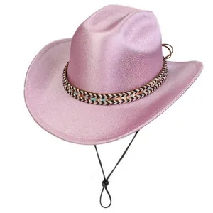 Detail of glittery pink cowboy hat with ethnic braided band and adjustable wind rope