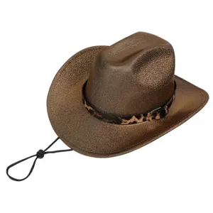 Close-up of brown glitter jazz hat with leopard print band and adjustable chin strap
