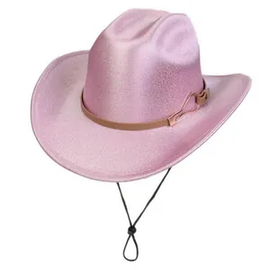 Pink sequin cowboy hat detail with brown faux leather band and adjustable wind rope