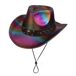 Macro detail of iridescent western cowboy hat with studded leather band and medal