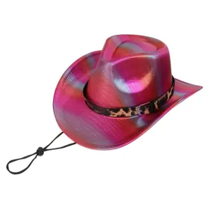 Close-up of iridescent pink cowboy hat with leopard print band and metallic finish