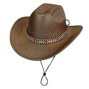 Close-up of bronze cowboy hat with colorful woven trim and adjustable chin strap