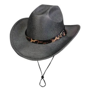 Detail of dark grey fedora hat with leopard print band and adjustable chin strap
