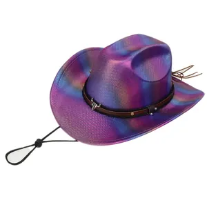 Macro shot of holographic purple gradient cowboy hat with metal bull head emblem
