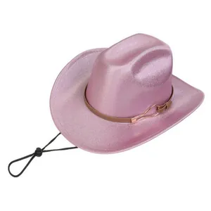 Detail of glittery pink jazz fedora showing brown leather band and adjustable wind rope