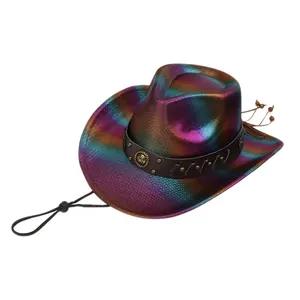 Detail of rainbow metallic cowboy hat with studded leather band and adjustable chin strap